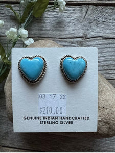 Navajo Sterling Silver Blue Turquoise Heart Stud Earrings. Gift