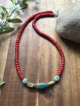 Load image into Gallery viewer, Sterling Silver Red Coral Turquoise Nuggets Bead Necklace 18 inch