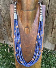 Load image into Gallery viewer, Sterling Silver Multi Strand Stone Lapis Pink Coral Bead Necklace. 26 inch
