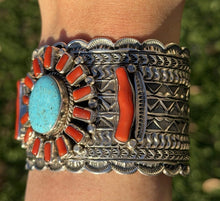 Load image into Gallery viewer, Navajo Native Sterling Silver Red Coral Turquoise Cluster Cuff Bracelet T Jon