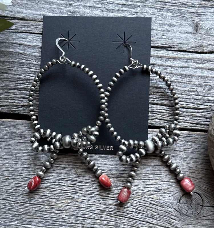 Sterling Silver Bow Red Spiny Oyster Pearls Hoop Bead Earrings 3.5 Inch