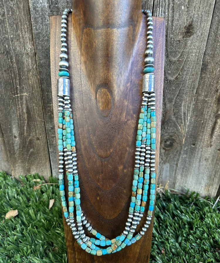Sterling Silver Multi Strand Blue Green Turquoise Pearls Bead Necklace. 30 inch