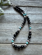 Load image into Gallery viewer, Sterling Silver Black Onyx Multi Stone Turquoise Pink Bead Necklace 18 Inch