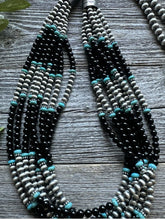 Load image into Gallery viewer, Sterling Silver Multi Strand Black Onyx with Turquoise Bead Necklace. 30 Inch
