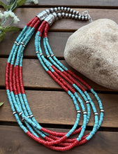 Load image into Gallery viewer, Sterling Silver Multi Strand Heishi Bamboo Coral Turquoise Bead Necklace 24 Inch