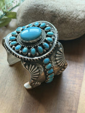 Load image into Gallery viewer, Navajo Native Sterling Silver Blue Turquoise Cluster Cuff Bracelet Signed Gift