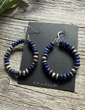 Load image into Gallery viewer, Southwestern 925 Sterling Silver Lapis Pearls Hoop Earrings.