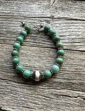 Load image into Gallery viewer, Sterling Silver Green Turquoise W Pearl Bead Bracelet. 6.5 Inch