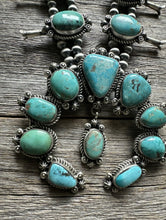 Load image into Gallery viewer, Navajo Sterling Silver Blue Turquoise Squash Blossom Pearls Necklace. K Yazzie