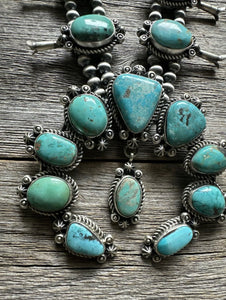 Navajo Sterling Silver Blue Turquoise Squash Blossom Pearls Necklace. K Yazzie