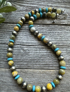 Sterling Silver Bumblebee Jasper Turquoise W Pearls Bead Necklace. 18 inch