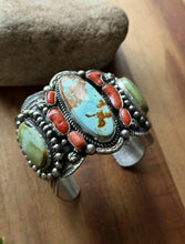 Load image into Gallery viewer, Navajo Native American Sterling Silver Royston Turquoise Coral Cuff Bracelet CY