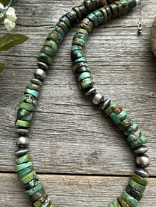 Southwestern 925 Sterling Silver Green Turquoise Heishi Bead Necklace. 20 inch