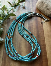 Load image into Gallery viewer, Sterling Silver Multi Strand Stone Blue Turquoise Bead Necklace. 24 inch