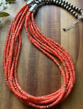 Load image into Gallery viewer, Sterling Silver Multi Strand Orange Bamboo Coral Pearls Bead Necklace 28 Inch
