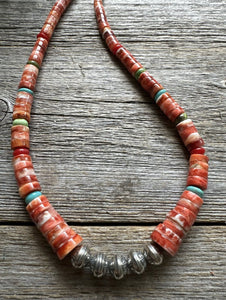 Sterling Silver Graduated Multi Stone Spiny Oyster Heishi Bead Necklace 18 inch