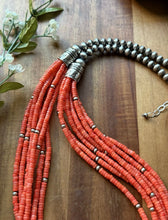 Load image into Gallery viewer, Sterling Silver Multi Strand Orange Bamboo Coral Pearls Bead Necklace 28 Inch