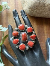 Load image into Gallery viewer, Navajo Native American Sterling Silver Red Coral Cluster Adjustable Ring. T Jon