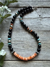 Load image into Gallery viewer, Sterling Silver Black Onyx Multi Stone Turquoise Spiny Bead Necklace 18 Inch