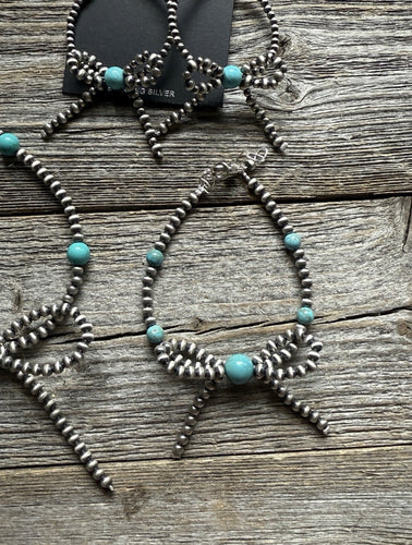 Bow Sterling Silver Turquoise 4mm Pearls Bead Necklace Earrings Bracelet Set