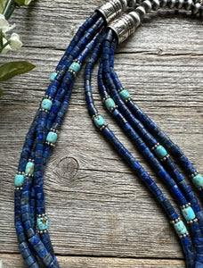 Sterling Silver Multi Strand Lapis  Turquoise Pearls Bead Necklace. 24 inch