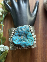 Load image into Gallery viewer, Native American Sterling Silver Turquoise Nugget Cuff Bracelet. CY