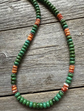 Load image into Gallery viewer, Sterling Silver Green Turquoise Orange Spiny Oyster Bead Necklace. 18 inch