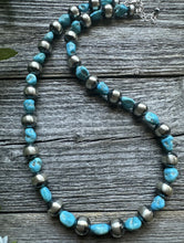 Load image into Gallery viewer, Sleeping Beauty Turquoise Sterling Silver Nuggets Pearls Bead Necklace. 18 inch