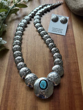 Load image into Gallery viewer, Navajo Sterling Silver Turquoise Stamped Pillow Beads Bead Necklace Earrings 22”