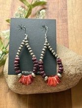 Load image into Gallery viewer, Sterling Silver Purple Red Spiny Oyster Pearls Bead Loop Hoop Earrings. 3 Inch