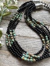 Load image into Gallery viewer, Sterling Silver Multi Strand Black Onyx Turquoise Nuggets Bead Necklace. 24 Inch
