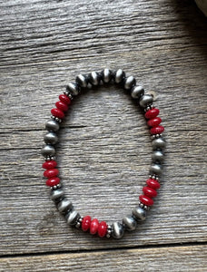 Red Coral 6mm 7 Inch Stretch Sterling Silver Pearls Bead Bracelet