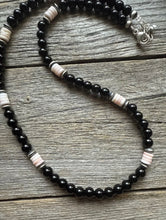 Load image into Gallery viewer, Sterling Silver Black Onyx Pink Conch Bead Necklace. 18 Inch Gift