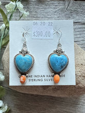 Load image into Gallery viewer, Navajo Sterling Silver Blue Turquoise Spiny Oyster Heart Earrings. Gift