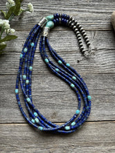 Load image into Gallery viewer, Sterling Silver Multi Strand Stone Lapis Turquoise Bead Necklace. 28 inch