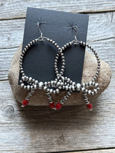 Load image into Gallery viewer, Sterling Silver Bow Red Coral Pearls Hoop Bead Earrings 3.5 Inch