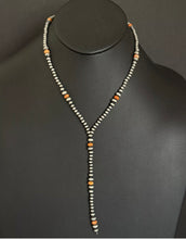 Load image into Gallery viewer, Sterling Silver Orange Spiny Oyster W Pearls Bead Lariat Y Necklace. 26 inch