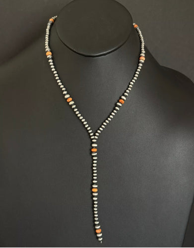 Sterling Silver Orange Spiny Oyster W Pearls Bead Lariat Y Necklace. 26 inch