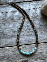 Load image into Gallery viewer, Southwestern 925 Sterling Silver Blue Turquoise Tigers Eye Bead Necklace 18 inch