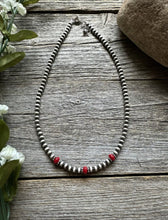 Load image into Gallery viewer, Sterling Silver 4mm Pearls with Red Bamboo Coral Bead Necklace Choker. 14 inch