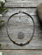 Load image into Gallery viewer, Sterling Silver 4mm Pearls with Brown Tigers Eye Bead Necklace Choker. 14 inch