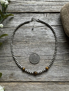 Sterling Silver 4mm Pearls with Brown Tigers Eye Bead Necklace Choker. 14 inch