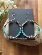 Load image into Gallery viewer, Sterling Silver Blue Turquoise Bead W Pearls Loop Hoop Earrings.