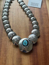 Load image into Gallery viewer, Navajo Sterling Silver Turquoise Stamped Pillow Beads Bead Necklace Earrings 22”