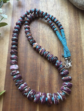Load image into Gallery viewer, Sterling Silver Graduated Purple Spiny Oyster Turquoise Pearls Bead Necklace 26”
