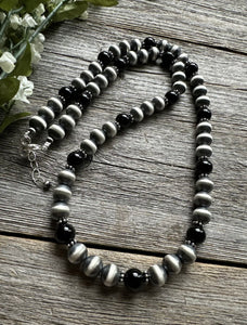 Southwestern Sterling Silver Black Onyx 10mm Pearls Bead Necklace. 26 Inch. Gift