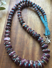 Load image into Gallery viewer, Sterling Silver Graduated Purple Spiny Oyster Turquoise Pearls Bead Necklace 26”