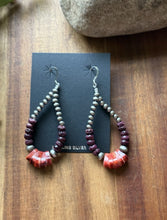 Load image into Gallery viewer, Sterling Silver Purple Red Spiny Oyster Pearls Bead Loop Hoop Earrings. 3 Inch