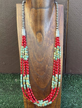 Load image into Gallery viewer, Sterling Silver Multi Strand Blue Green Turquoise Coral Pearls Bead Necklace 30”
