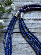 Load image into Gallery viewer, Sterling Silver Multi Strand Stone Lapis Purple Charoite Bead Necklace. 26 inch